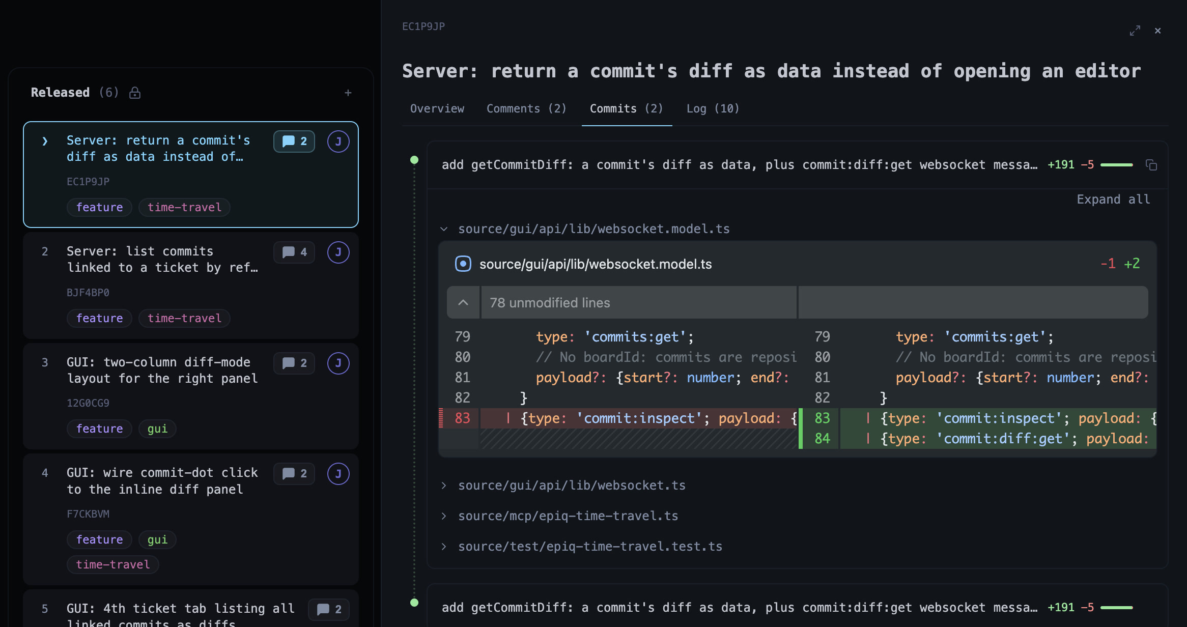 A ticket's Commits tab beside the board, showing a linked commit expanded into a side-by-side diff